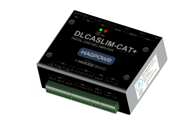 MAGPOWER 推出的标有 DLCASLIM-CAT+ 的黑色数字称重传感器放大器的 3D 效果图，配有绿色接线端子和银色外壳。