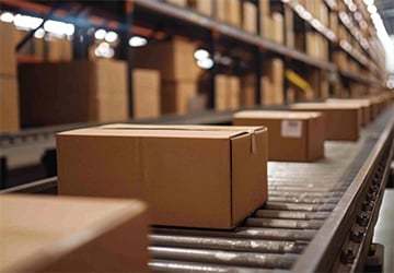 Brown cardboard boxes on a metal conveyor belt in a warehouse, suggesting order fulfillment or shipping.